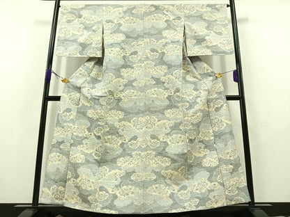平和屋着物▽上質な紬 単衣 雲取り花文 正絹 逸品 AABB9228jh