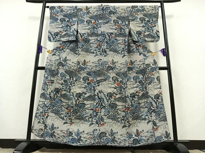 平和屋着物▽訪問着 単衣 藍 型染め 流水花文 正絹 逸品 AABB9230jh