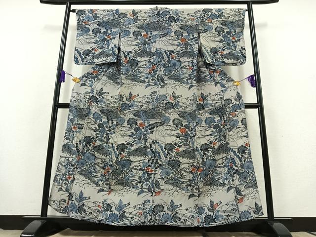 平和屋着物▽訪問着 単衣 藍 型染め 流水花文 正絹 逸品 AABB9230jh