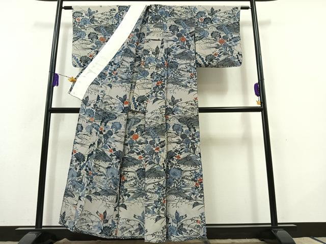 平和屋着物▽訪問着 単衣 藍 型染め 流水花文 正絹 逸品 AABB9230jh
