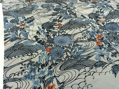 平和屋着物▽訪問着 単衣 藍 型染め 流水花文 正絹 逸品 AABB9230jh