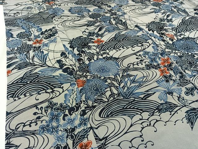 平和屋着物▽訪問着 単衣 藍 型染め 流水花文 正絹 逸品 AABB9230jh