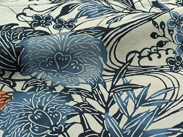 平和屋着物▽訪問着 単衣 藍 型染め 流水花文 正絹 逸品 AABB9230jh