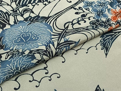 平和屋着物▽訪問着 単衣 藍 型染め 流水花文 正絹 逸品 AABB9230jh