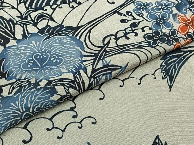 平和屋着物▽訪問着 単衣 藍 型染め 流水花文 正絹 逸品 AABB9230jh