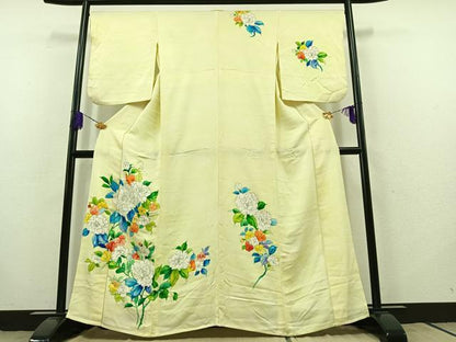 平和屋着物▽訪問着　単衣　手描き　草花文　正絹　逸品　AABB9232jh