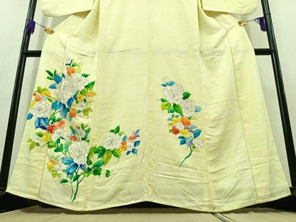 平和屋着物▽訪問着　単衣　手描き　草花文　正絹　逸品　AABB9232jh