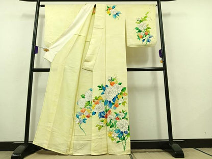 平和屋着物▽訪問着　単衣　手描き　草花文　正絹　逸品　AABB9232jh