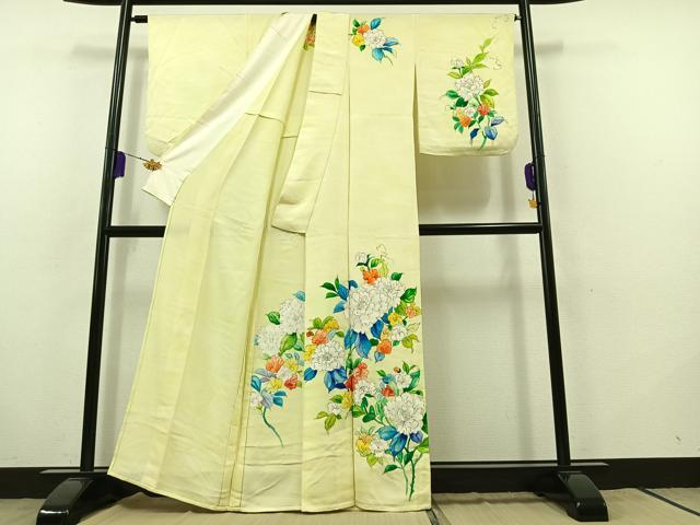 平和屋着物▽訪問着　単衣　手描き　草花文　正絹　逸品　AABB9232jh