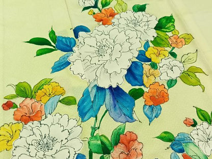 平和屋着物▽訪問着　単衣　手描き　草花文　正絹　逸品　AABB9232jh