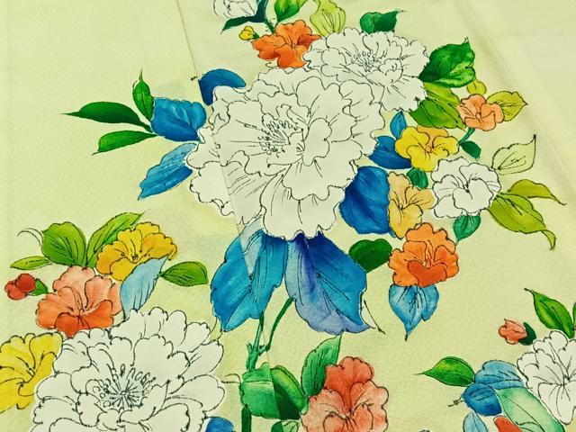 平和屋着物▽訪問着　単衣　手描き　草花文　正絹　逸品　AABB9232jh