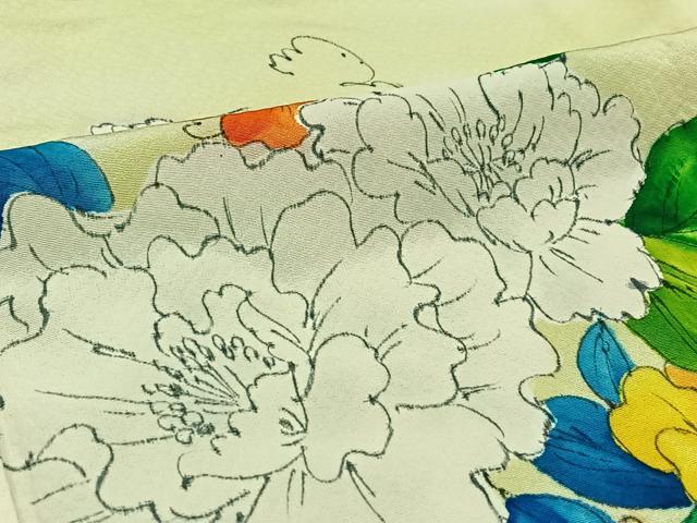 平和屋着物▽訪問着　単衣　手描き　草花文　正絹　逸品　AABB9232jh