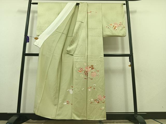 平和屋着物▽訪問着 単衣 駒刺繍 宝尽くし花文 金糸 金彩 正絹 逸品 AABB9234jh