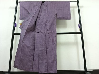 平和屋着物▽上質な紬　単衣　格子　正絹　逸品　AABB9239jh