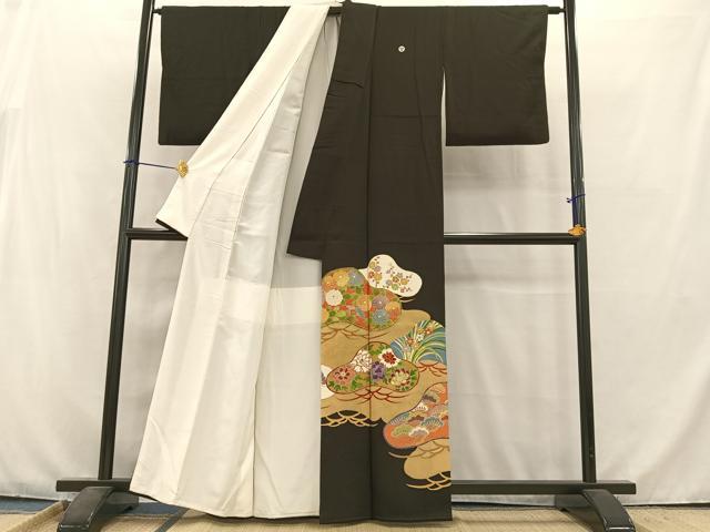平和屋着物■豪華黒留袖　駒刺繍　枝花文　金彩　正絹　逸品　AABB9292oa