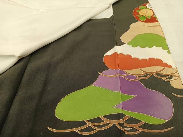 平和屋着物■豪華黒留袖　駒刺繍　枝花文　金彩　正絹　逸品　AABB9292oa