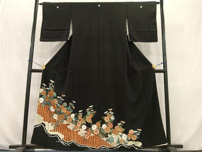 平和屋着物■豪華黒留袖　駒刺繍　草花文　金彩　正絹　逸品　AABB9319oa