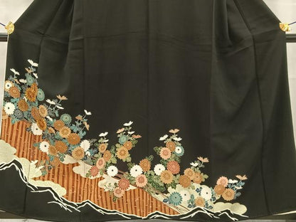 平和屋着物■豪華黒留袖　駒刺繍　草花文　金彩　正絹　逸品　AABB9319oa