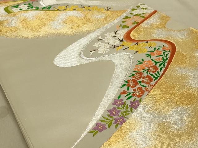 平和屋着物◎六通柄袋帯　唐織　流水花文　金銀糸　正絹　逸品　AABB9559ou