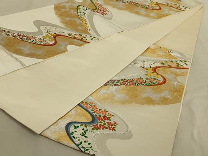 平和屋着物◎六通柄袋帯　唐織　流水花文　金銀糸　正絹　逸品　AABB9559ou