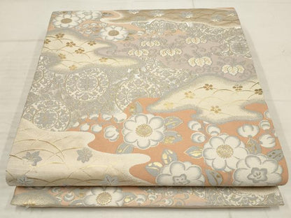 平和屋着物▼六通柄袋帯　霞草花文　金銀糸　正絹　逸品　AABB9579wj
