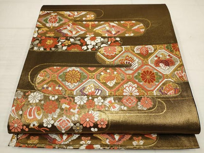 平和屋着物▼六通柄袋帯　唐織　霞取り飛鶴花文　黒地　金糸　正絹　逸品　AABB9589wj