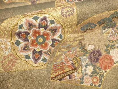 平和屋着物▼六通柄袋帯　地紙風景花鳥文　松竹梅　金糸　正絹　逸品　AABB9678wj