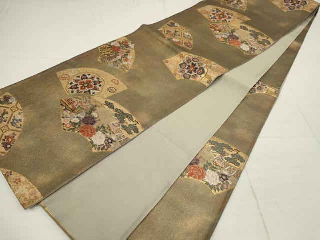 平和屋着物▼六通柄袋帯　地紙風景花鳥文　松竹梅　金糸　正絹　逸品　AABB9678wj