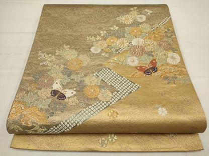 平和屋着物▼太鼓柄袋帯　花蝶文　金糸　正絹　逸品　AABB9719wj