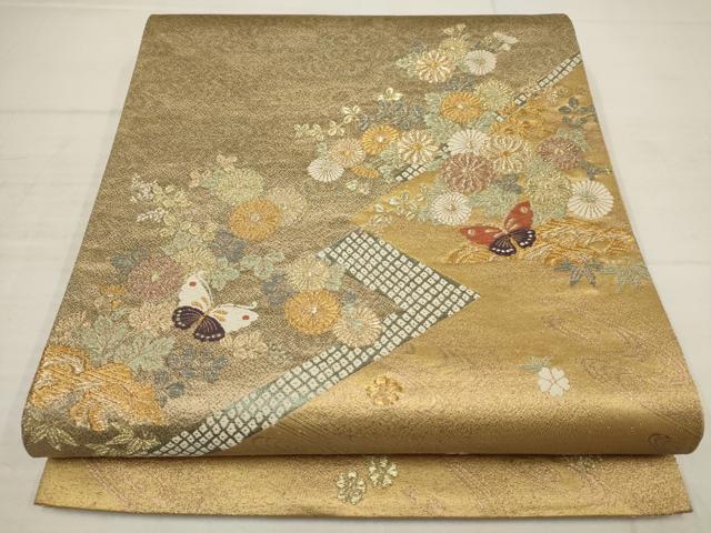 平和屋着物▼太鼓柄袋帯　花蝶文　金糸　正絹　逸品　AABB9719wj