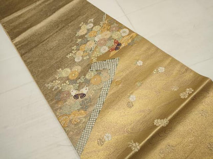 平和屋着物▼太鼓柄袋帯　花蝶文　金糸　正絹　逸品　AABB9719wj