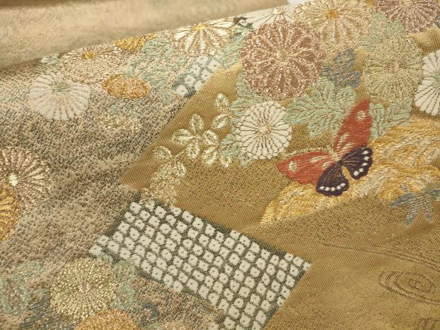 平和屋着物▼太鼓柄袋帯　花蝶文　金糸　正絹　逸品　AABB9719wj
