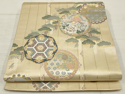 平和屋着物▼六通柄袋帯　花鳥丸文　金銀糸　正絹　逸品　AABB9756wj
