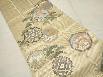 平和屋着物▼六通柄袋帯　花鳥丸文　金銀糸　正絹　逸品　AABB9756wj