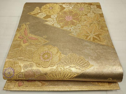 平和屋着物▼佐賀錦　六通柄袋帯　錦華　花蝶文　金糸　正絹　逸品　AABB9761wj