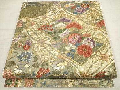 平和屋着物▼六通柄袋帯　唐織　絢祥錦　道長草花菱文　金糸　正絹　逸品　AABB9793wj