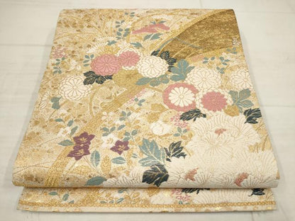 平和屋着物▼六通柄袋帯　唐織　草花文　金糸　正絹　逸品　AABB9832wj