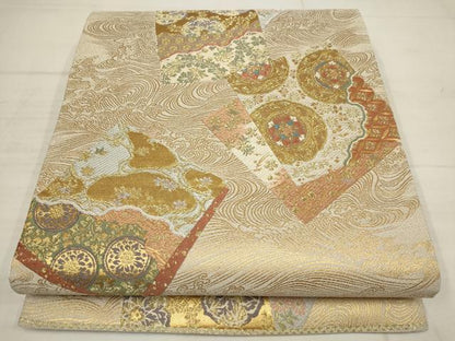 平和屋着物▼六通柄袋帯　朱雀つづれ　立波色紙花文　金銀糸　正絹　逸品　AABB9851wj