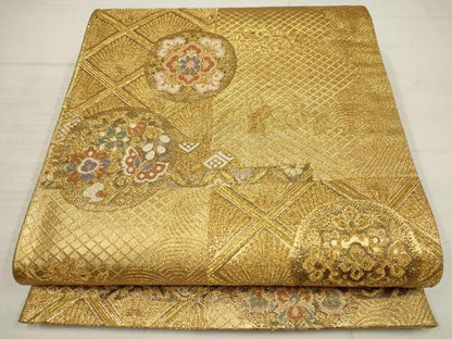 平和屋着物▼六通柄袋帯　花蝶唐草丸文　金糸　正絹　逸品　AABB9852wj
