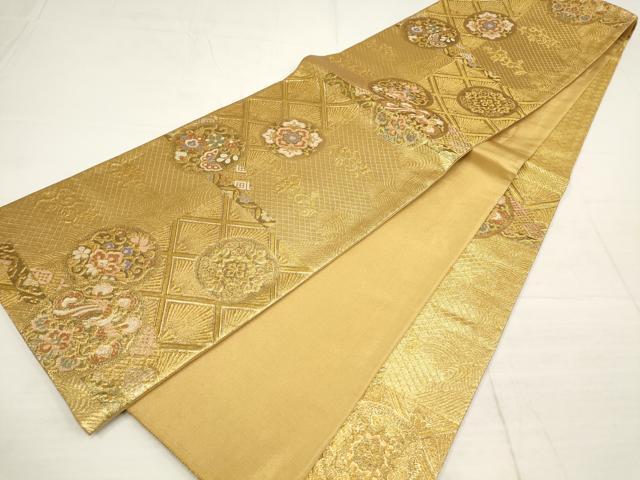 平和屋着物▼六通柄袋帯　花蝶唐草丸文　金糸　正絹　逸品　AABB9852wj