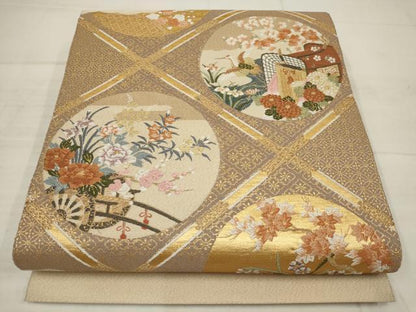 平和屋着物▼綴れ　太鼓柄袋帯　花車飛鶴丸文　金糸　正絹　逸品　AABB9871wj