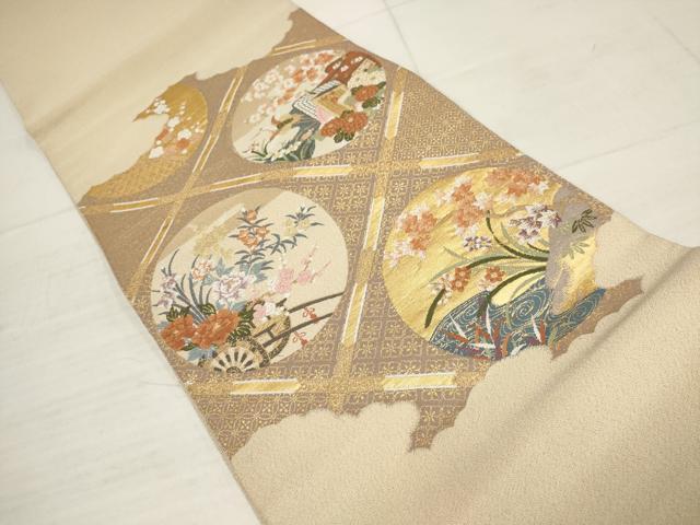 平和屋着物▼綴れ　太鼓柄袋帯　花車飛鶴丸文　金糸　正絹　逸品　AABB9871wj