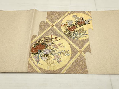 平和屋着物▼綴れ　太鼓柄袋帯　花車飛鶴丸文　金糸　正絹　逸品　AABB9871wj