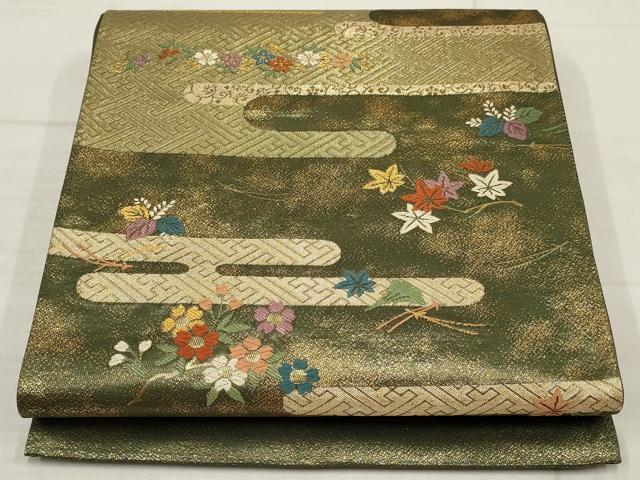 平和屋着物▼六通柄袋帯　霞花文　金糸　正絹　逸品　AABB9898wj