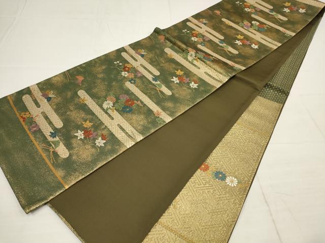 平和屋着物▼六通柄袋帯　霞花文　金糸　正絹　逸品　AABB9898wj
