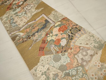 平和屋着物▼六通柄袋帯　王朝の粋　地紙花車文　金銀糸　正絹　逸品　AABB9908wj