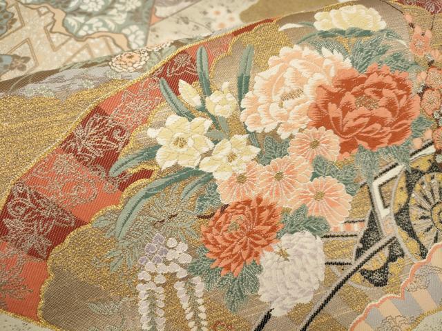 平和屋着物▼六通柄袋帯　王朝の粋　地紙花車文　金銀糸　正絹　逸品　AABB9908wj