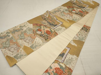 平和屋着物▼六通柄袋帯　王朝の粋　地紙花車文　金銀糸　正絹　逸品　AABB9908wj