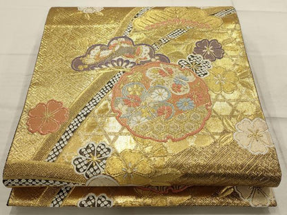 平和屋着物▼佐賀錦 六通柄袋帯 雪輪花蝶文 金糸 正絹 逸品 AABB9935wj