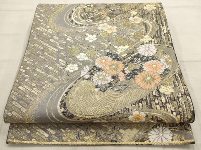 平和屋着物▼六通柄袋帯　流水草花文　金糸　正絹　逸品　AABB9949wj